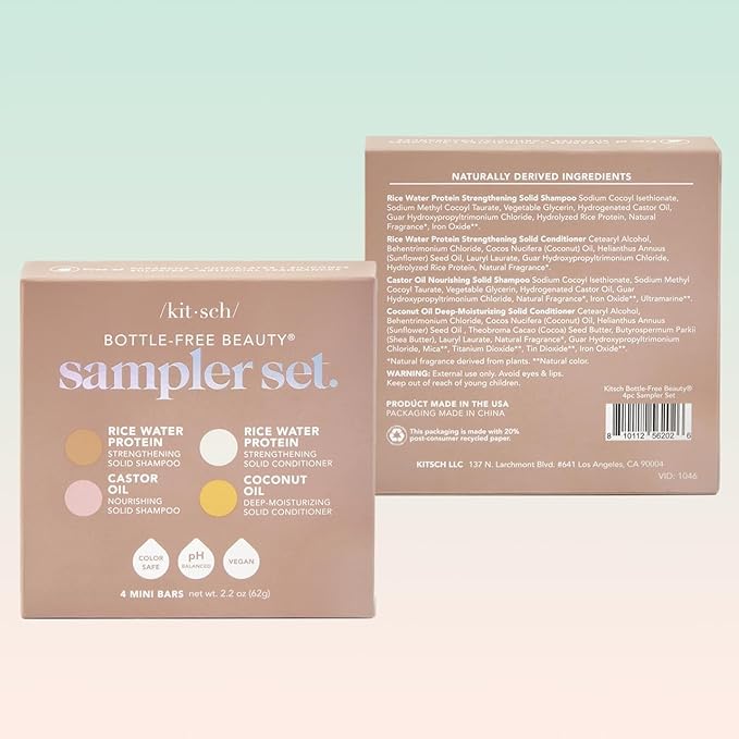 Kitsch Shampoo and Conditioner Set - 4pc Sampler Bars with Rice Water Shampoo and Conditioner, Castor Oil Shampoo & Coconut Oil Conditioner - Bottle-Free Beauty for Hair Growth, Repair & Moisture