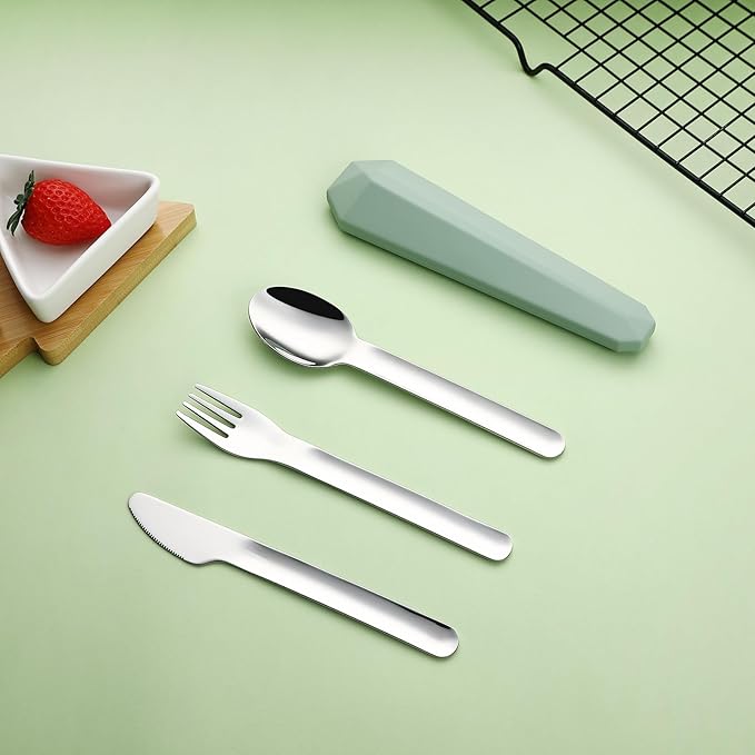DEVICO Travel Utensils with Case, Reusable Camping Silverware Cutlery, 18/8 Stainless Steel Portable Fork Spoon Knife Set for Lunch Picnic School Workplace (Green)