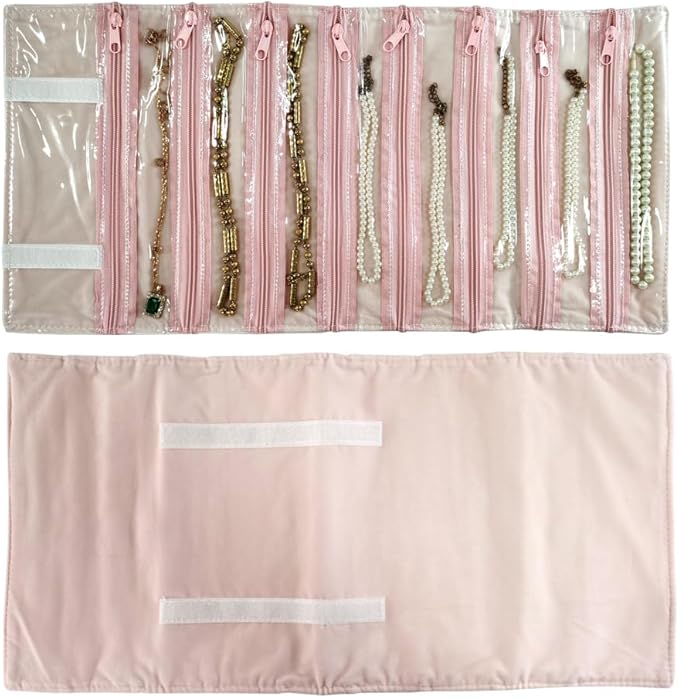 Travel Jewelry Roll Bag Portable Organizer Pouch With Grids&PVC Cover Storage Bags for Necklace, Bracelet, Bracelet,Ring, Badge, Pendant