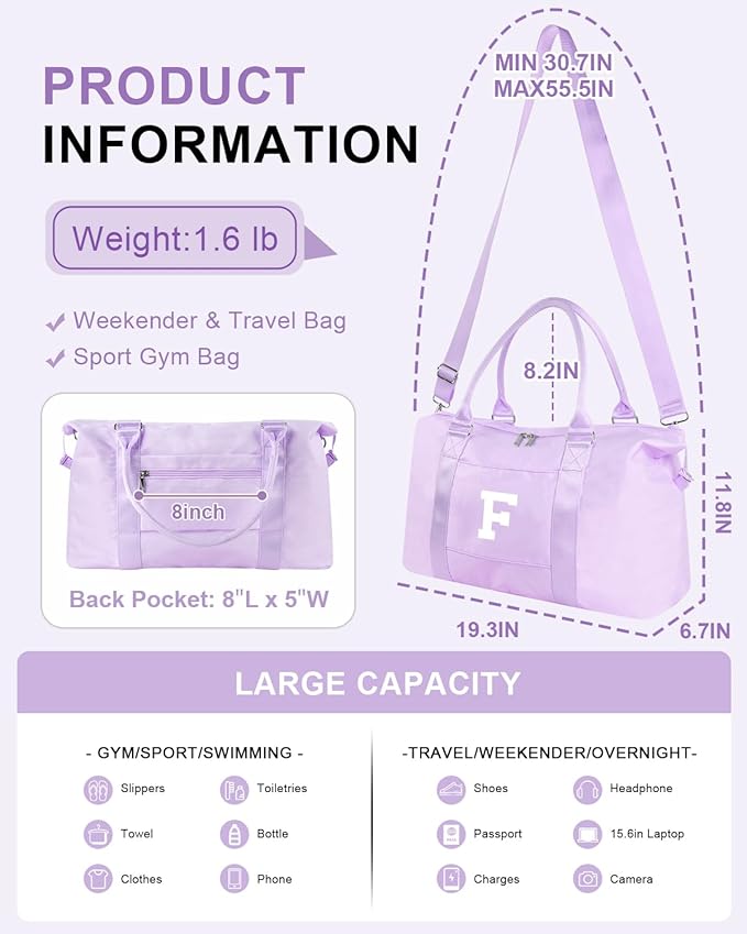 Daughter Niece Gifts for Teen Girl Kids, Initial Travel Duffel Bag Sports Gym Bag Personalized Gifts Weekender Bag，Monogram Overnight Bag Cute Dance Bag Birthday Bridesmaid Gifts for Women(Purple, F)