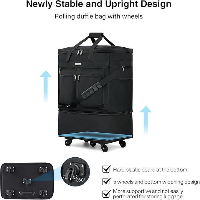 MILADA Expandable Luggage Bags for Travel Foldable Suitcase with Wheels Collapsible Rolling Travel Duffle Bag Lightweight Large Suitcases without Telescoping Handle, Black