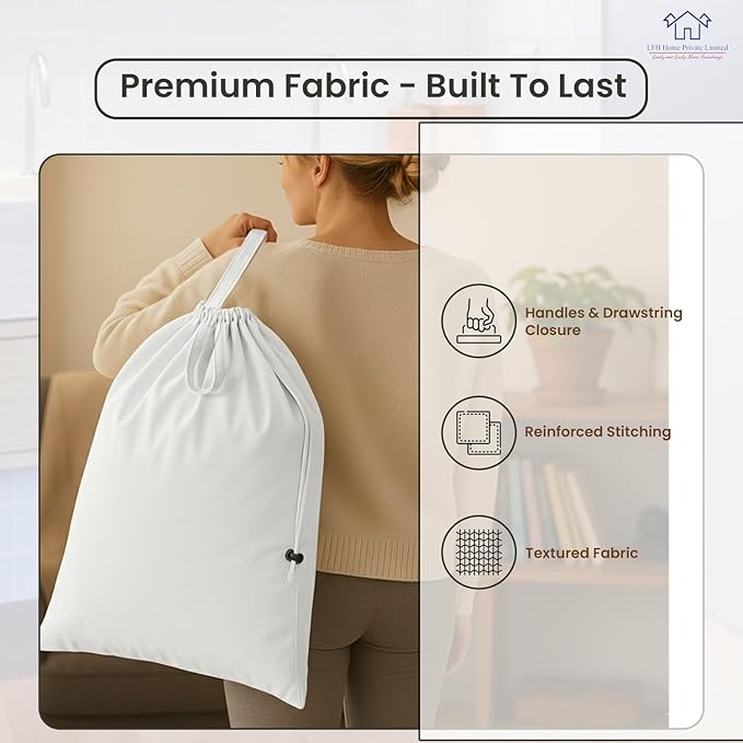 LFH Home Cotton Canvas Large Laundry Bag with Handle, Heavy Duty Drawstring Closure Washable Laundry Bags, School Travel, Home, Hotel, College Dorm, Organizer Sack, Toy Clothes 28x40 (Pack of 2)-White