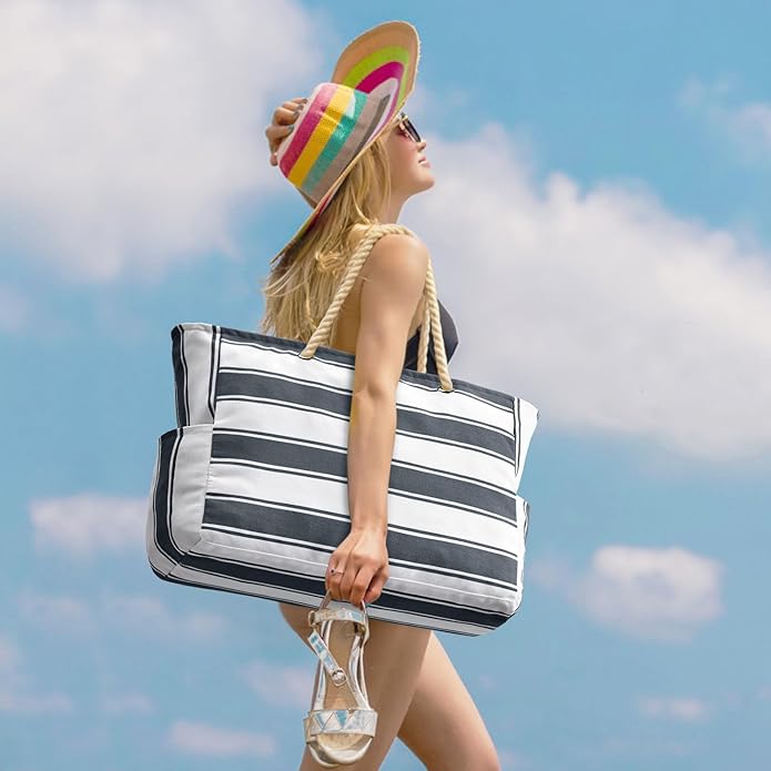 Becokan Beach Bags for Women Large Waterproof Beach Tote Bag Zipper Beach Bags Waterproof Sandproof Swim Pool Bag Large Tote