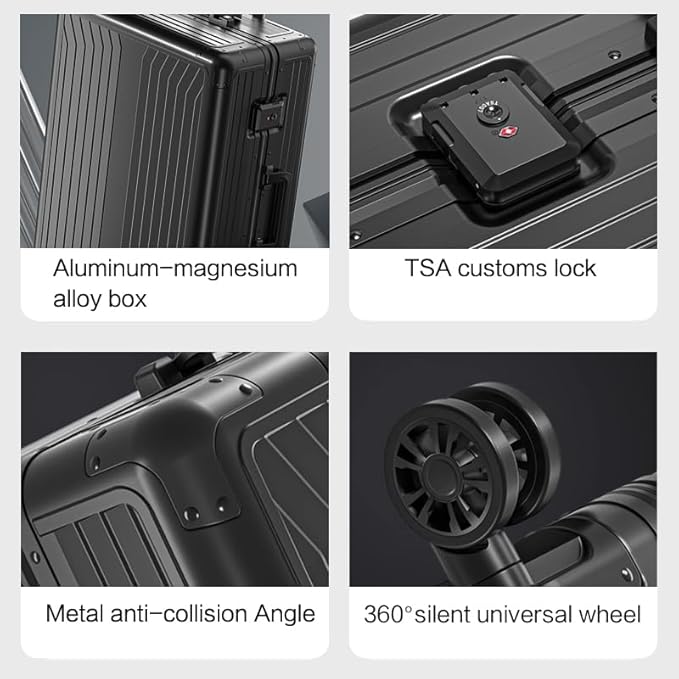 Metal all aluminum carry-on suitcase 20 "hard face, TSA lock and rotating wheel zippered luggage set (silvery, 28 '')