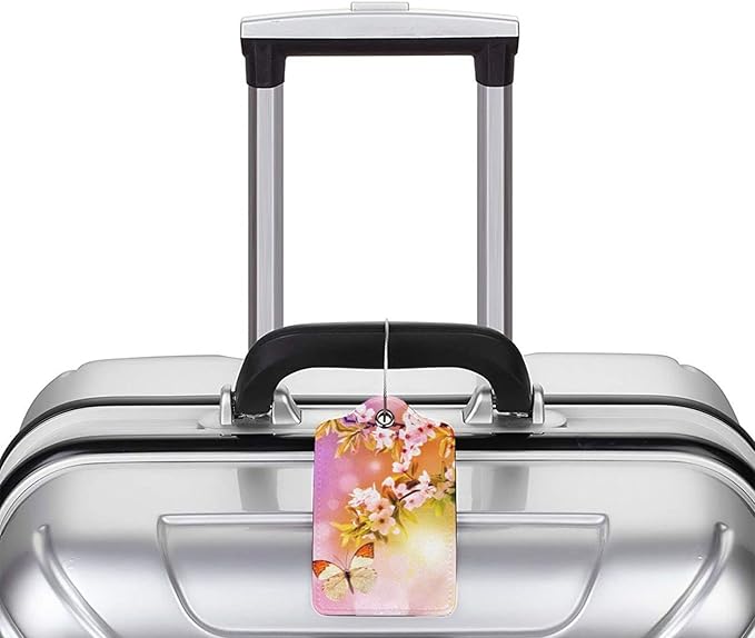 2 Packs Beautiful Spring Flowers PU Leather Luggage Tags Butterfly Suitcase Labels Bag Tags Cute Name ID Labels with Privacy Cover for Women Teen Girls Pink Yellow Background