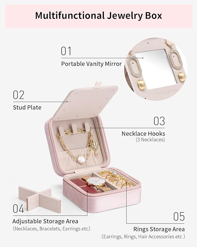 Vlando Travel Jewelry Case for Women Girls, L Initial Travel Jewelry Case, Personalized Mini Jewelry Box, Birthday Gifts for Women Mom Grandma - Letter L, Pink