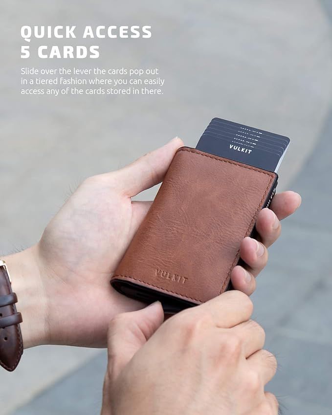 VULKIT Card Holder Pop Up Slim Wallet Leather RFID Blocking Card Case Up to 8 Credit Cards