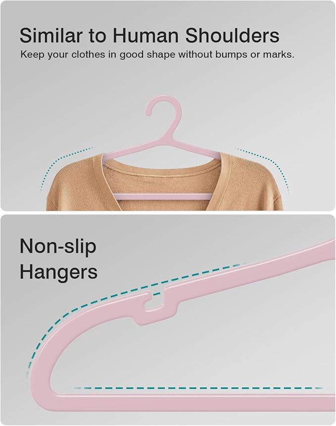 100 Pack Clothes Hangers, Non Slip Plastic Coat Hangers, Space Saving, Heavy Duty, Hanging Dry Wet Clothes, 16.4" x 8.3", Light Pink, UAPY05100P