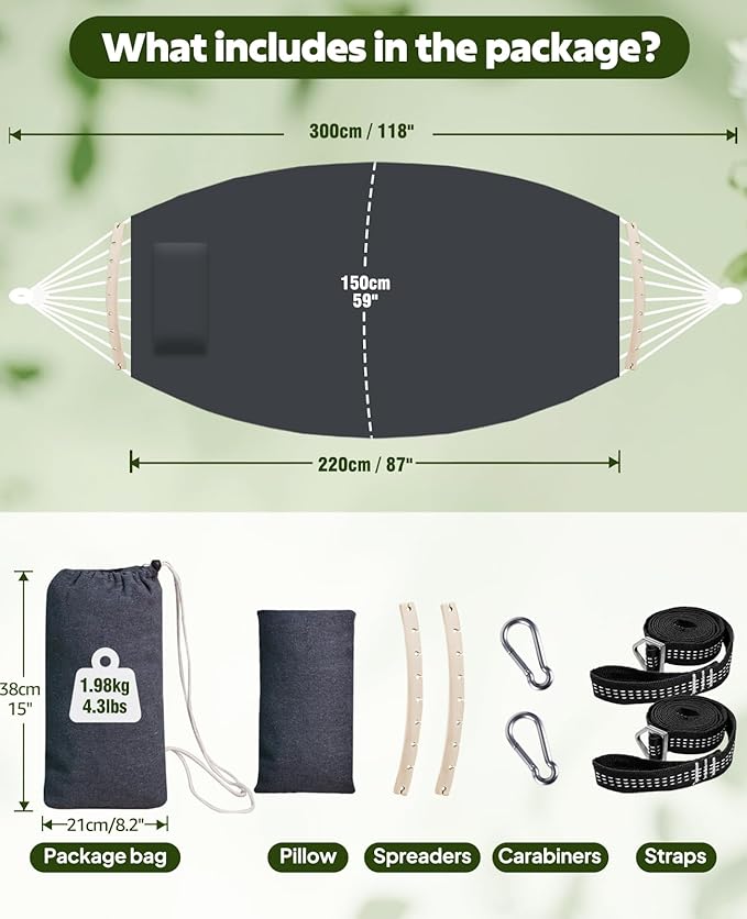 Chihee Cotton Hammock Large Soft Breathable Camping Hammock Holds Up to 660lbs Portable Tree Hammock with Detachable Spreader Bar Pillow 2 Strong Webbings 2 Carabiners Patio Garden Indoor Outdoor