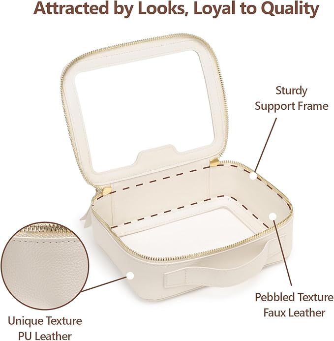 PACKISM Medium Clear Makeup Bag - PU Leather Clear Travel Bags for Toiletries Car Bag for Essentials, with Message Card Cosmetic Bags Makeup Case for Women Gift (Cream Medium)