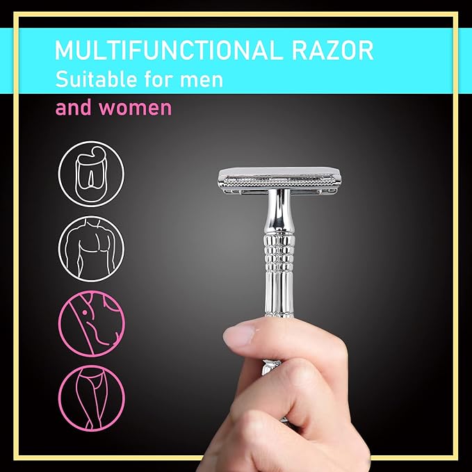 BAILI Classic 3-Piece Double Edge Safety Razor Wet Shaving for Men Women with Platinum Blade and Mirrored Travel Case BD176