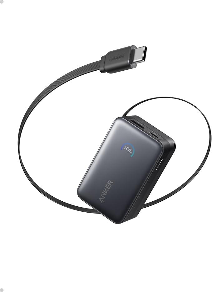 Anker Nano Power Bank, 10,000mAh Portable Charger with 2.3 ft InstaCord Retractable Cable, 45W Max Compact Battery Pack, Smart Display, for iPhone 16/17 Series, iPad, Galaxy, Pixel, and More