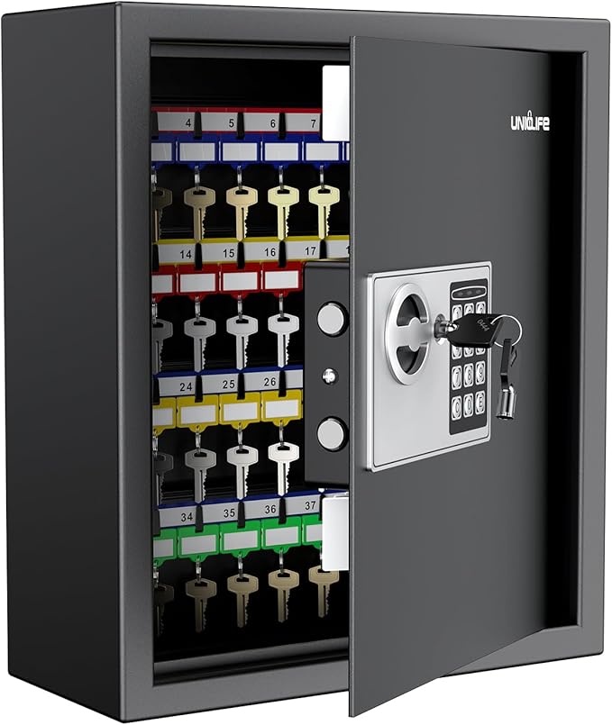 Uniclife 70 Position Key Cabinet with Combination & Key Lock Wall Mounted Security Keys Safe Key Organizer Resettable Black Digital with Keypad Lock Adjustable Racks Colorful Key Tags & Permanent Pen
