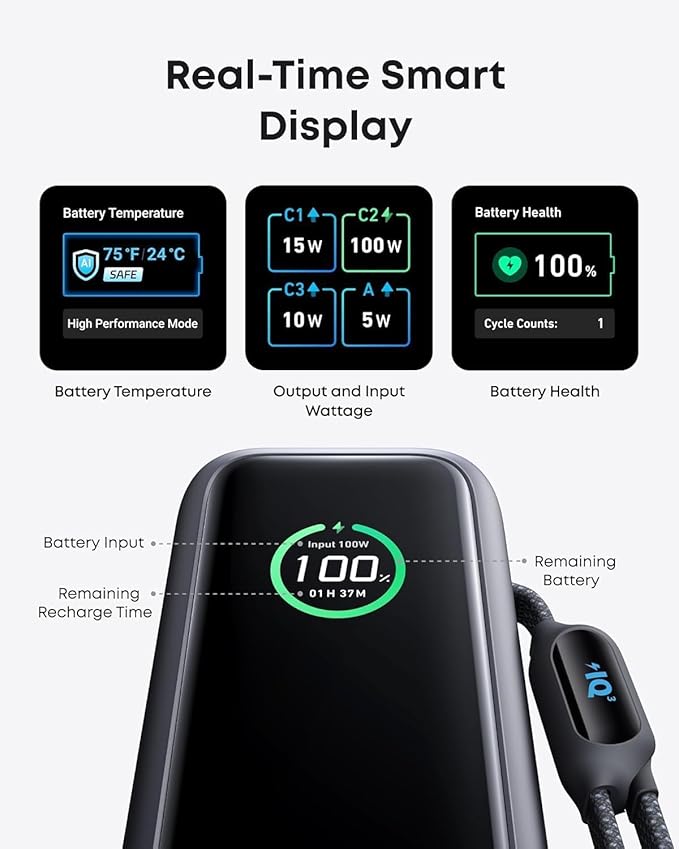Anker Laptop Power Bank, 25,000mAh Portable Charger with Triple 100W USB-C Ports, Built-in and Retractable Cables, for iPhone 16/15 Series, MacBook, Samsung, and More (Flight-Approved)