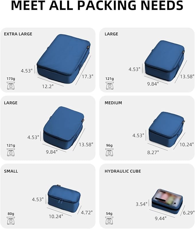 6 Set Compression Packing Cubes for Travel, Large Medium Small Luggage Organizers, Storage Bags for Clothes (6 Pack, Dark Blue)