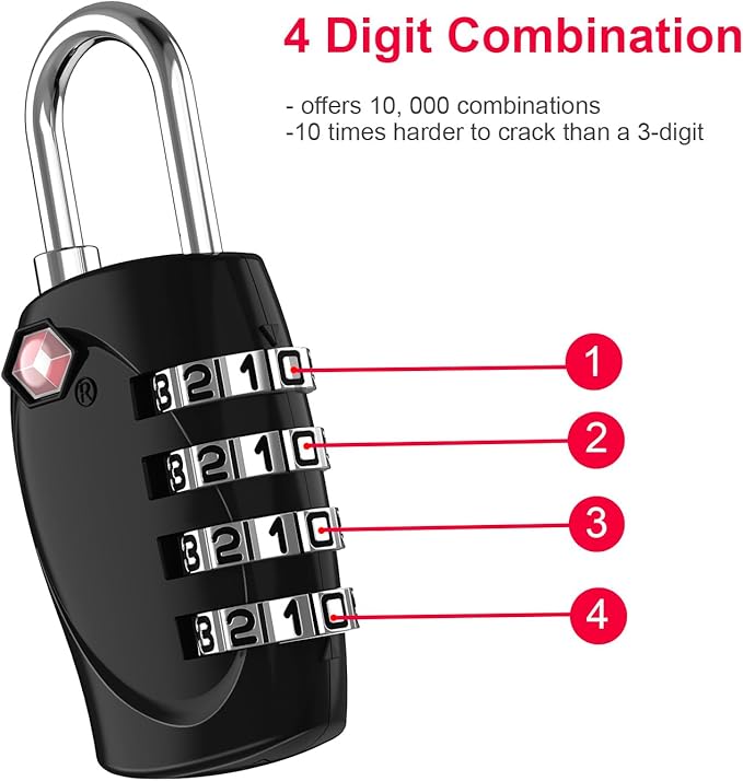 ZHEGE Luggage Locks TSA Approved, Zipper Locks for Suitcase, Backpack, Tent, 4 Digit Small Combination Padlocks for Travel, Gun Case, Gym Lockers (Black, 2 Pack)