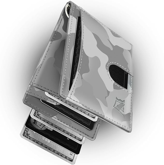 Kings Loot Money Clip Slim Minimalist Wallet for Men | RFID Blocking Leather Design with Money Clip | Front Pocket Bifold Holds 12 Cards | Stylish & Compact Wallets (Camo White)