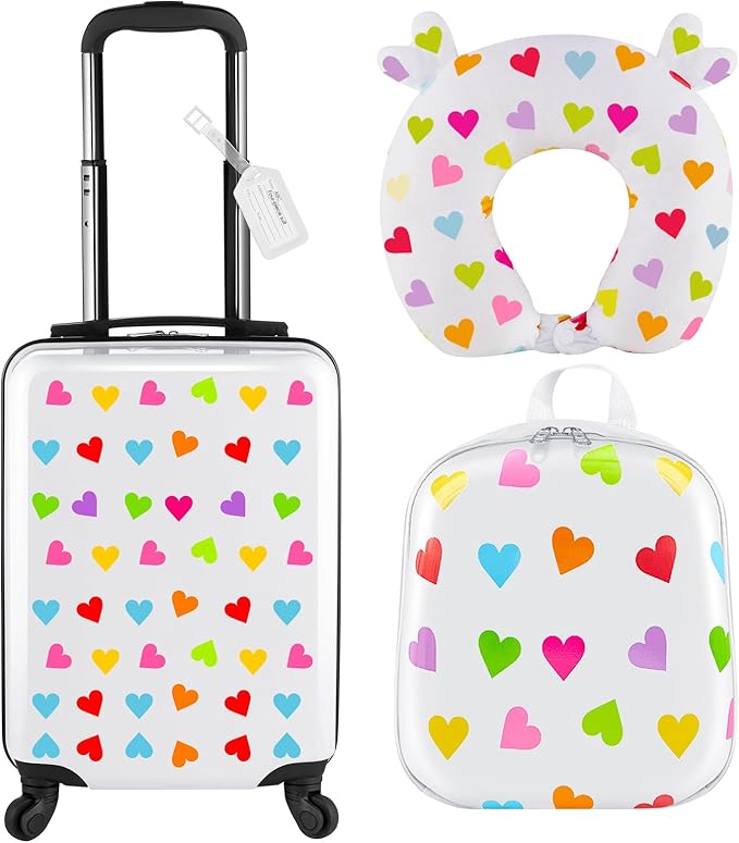 Sanwuta 4 Pcs Kids Luggage Set Kids Backpack Travel Rolling Suitcase with Wheels U-shape Pillow Childrens Gift for Girls Boys(17 Inch,Heart Style,White)