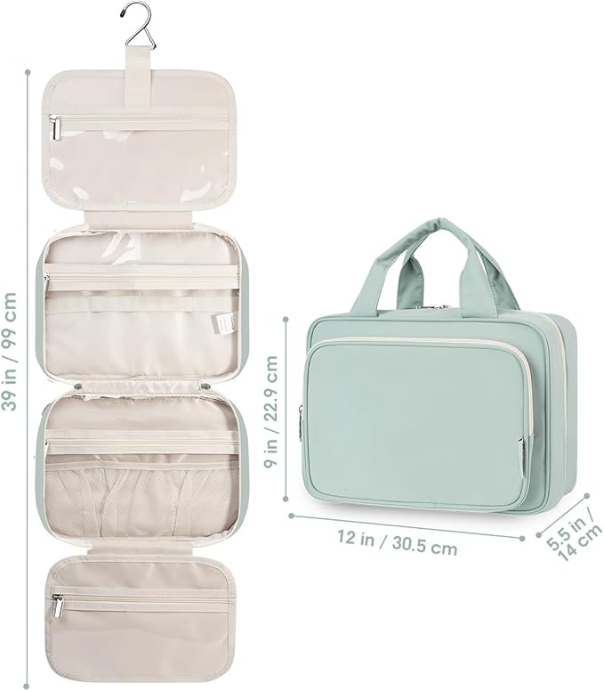 Travel Toiletry Bag for Women Large Hanging Makeup Bag Organizer Toiletries Bag for Full Size Essentials Accessories Cosmetics (Mint Green (Large))