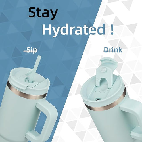 30 oz Tumbler with Handle and 2 Straws,2 in 1 Lid Insulated Water Bottle Stainless Steel Travel Coffee Mug,Blue Haze