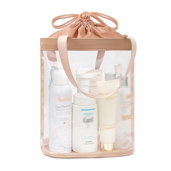 Travel Toiletry Bag, Clear Makeup Bag for Women, TSA Approved Toiletry Bag, Waterproof Clear Bag Cosmetic Pouch, Transparent Makeup Organizer, Carry on Airport Airline Compliant, Brown