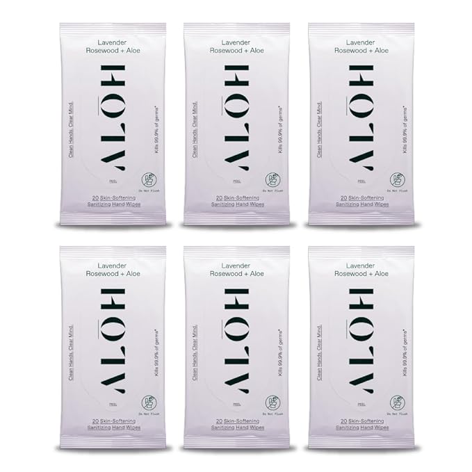 ALŌH Lavender Rosewood + Aloe Sanitizing Hand Wipes - Clean Hands, Clear Mind - On The Go Hand Sanitizer Wipes for Kids and Adults - Travel Size 6 Pack, 20ct (120 wipe)