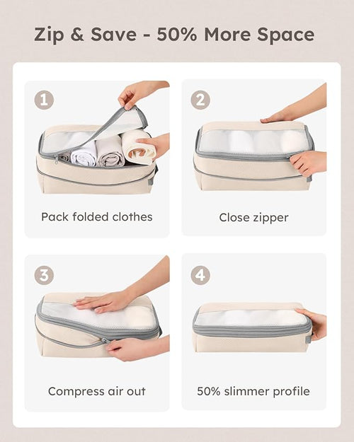 4 Set Compression Packing Cubes for Travel, Bonus Versatile Drawstring Backpack, Lightweight Luggage Organizer Bags, Sturdy Travel Accessories for Suitcase, Beige