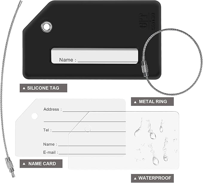 8 Pcs Luggage Tags for Suitcases, 26 Initial Letter Travel Luggage Baggage Identification Labels ID Tags Fully Bendable Tags with Stainless Steel Loop (Letter T, Black)