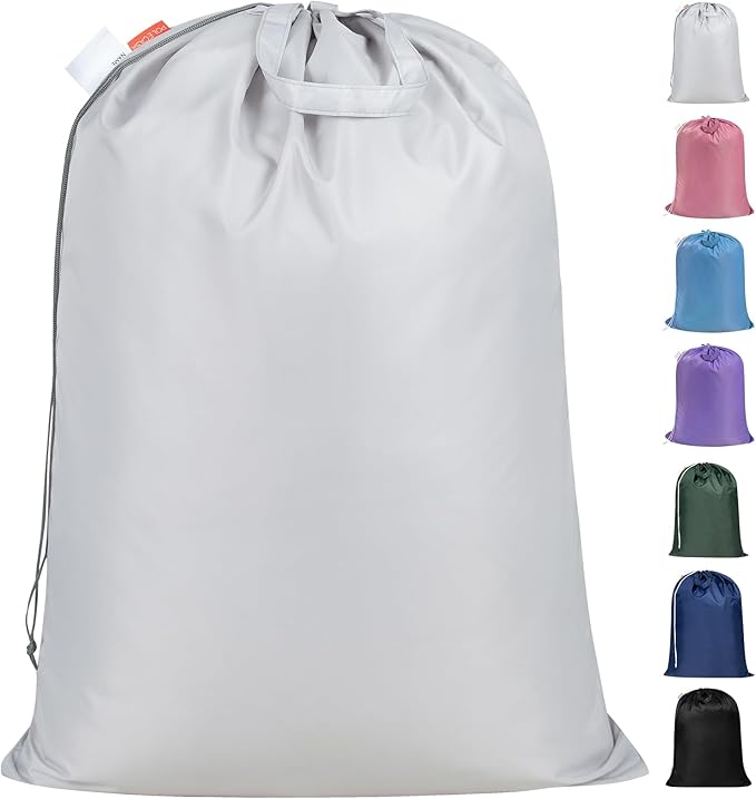 Polecasa Heavy Duty Laundry bag, 28 x36 inches Large Laundry Bag with 130gsm Tear Resistant Fabric and Handles, Durable Clothes Drawstring Bag for Laundry Hamper, College, Dorm, Travel, Silver
