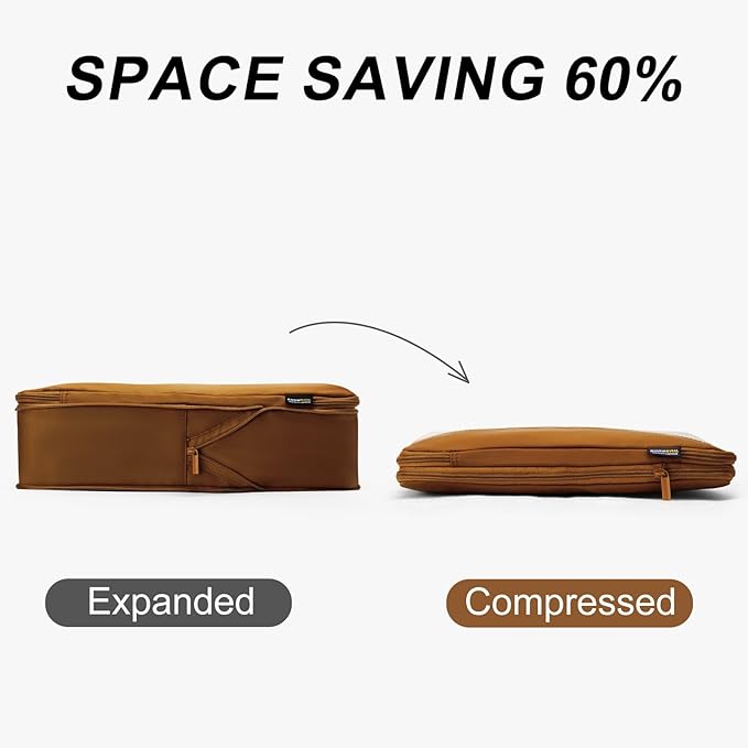 4 Set Compression Packing Cubes for Travel, Suitcases and Backpack Space Saving Organizers (Dark Brown)