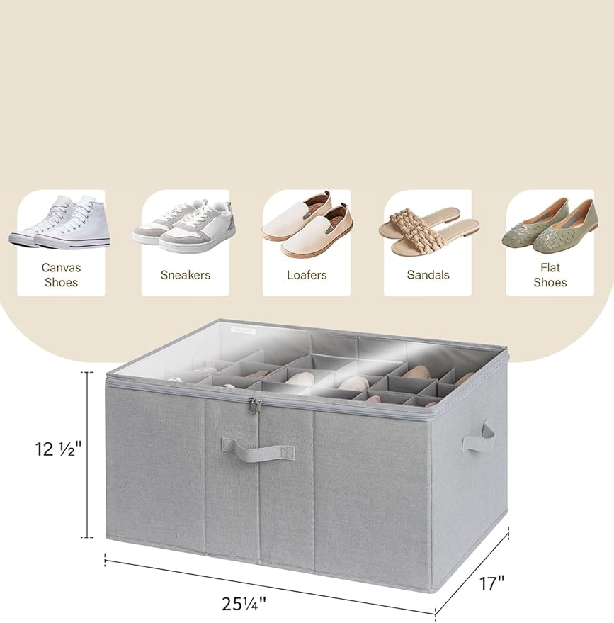 StorageWorks Shoe Organizer for Closet, Fits up to 24 Pairs, Shoe Cubby Storage Containers with Adjustable Dividers and Clear Cover, Grey
