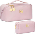 Birthday Gifts for Women Teen Girl, Personalized Initial Makeup Organizer Bag Set, Open Flat Travel Cosmetic Bag With Clear Divider and Handle(Pink,M)
