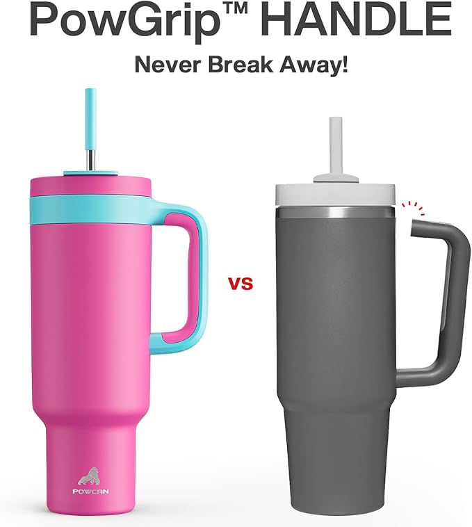 POWCAN 50 oz Tumbler with Handle, 2-in-1 Straw and Sip Lid, Leakproof, Dishwasher Safe, Insulated Stainless Steel Travel Coffee Mug, Keeps Cold for 34 Hours, Fits in Car Cup Holder (Petal)