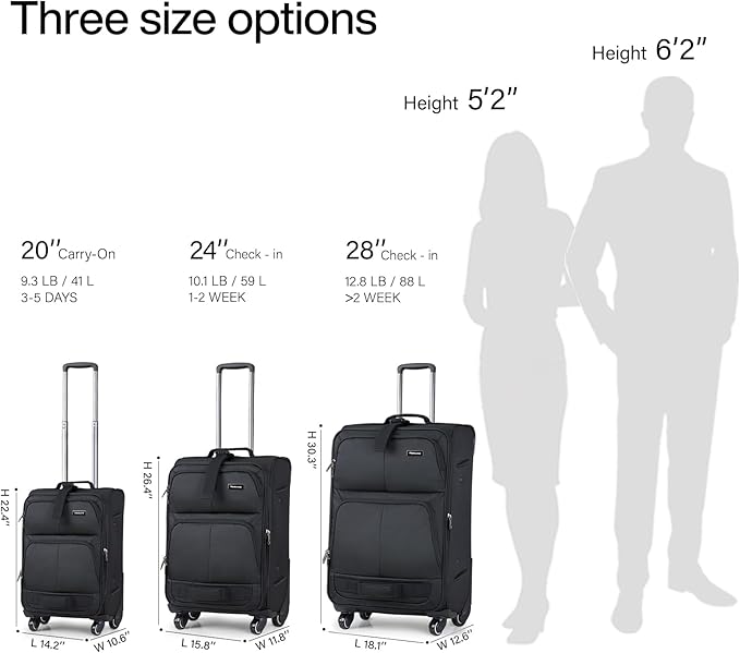 Hanke 20 Inch Softside Expandable Carry On Luggage with Spinner Wheels, Rolling Suitcase Travel Luggage with TSA Approved Luggage,Black