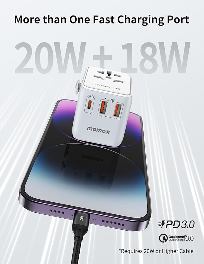 MOMAX Universal Travel Adapter, 20W+18W International Plug Adapter with 2 USB-A Quick Charging & 1 USB C PD Fast Charging,1 AC, All-in-one Wall Charger for USA EU UK AUS JP (Type C/A/G/I)