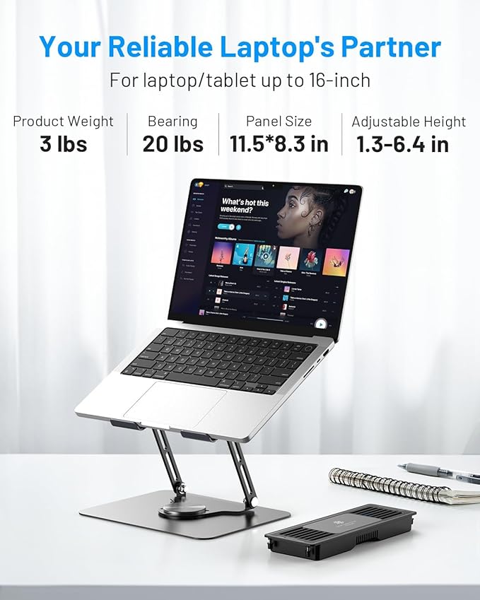 Laptop Cooling Stand with Detachable Thermoelectric Cooler, Adjustable Height & Angle, 360 Rotation Base, Carbon Steel Framework, Ultra-Quiet & Super Sturdy for up to 15.6” Laptop (Black)