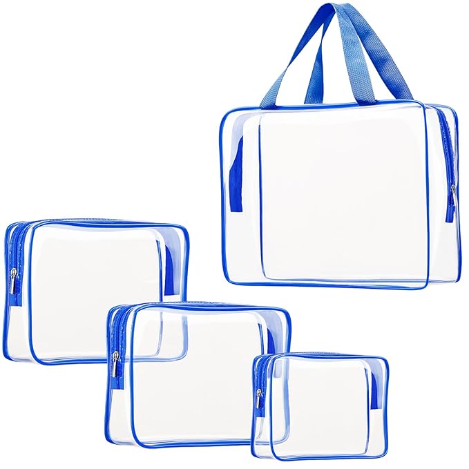 4Pcs Crystal Clear PVC Travel Toiletry Bag Kit for Women Men, Waterproof Vinyl Packing Organizer Storage Bags with Zipper Handle Straps, Cosmetic Pouch Carry on Airport Airline Compliant Bag Handbag