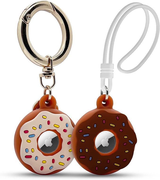 Apple AirTag 4 Pack Shockproof, Dustproof & Washable Cases, Silicon Holders with Accessories for Wallets, Luggage, Pet Collars, Key Finders (Donut (White & Brown))