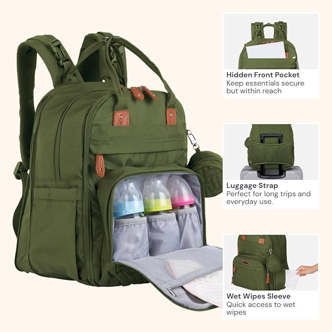 BabbleRoo Extra Large Diaper Bag Backpack, Expandable Baby Bag with Up to 50% More Capacity - Travel Essentials Baby Bag Tote with Changing Pad, Stroller Straps & Pacifier Case - Unisex, Forest Green