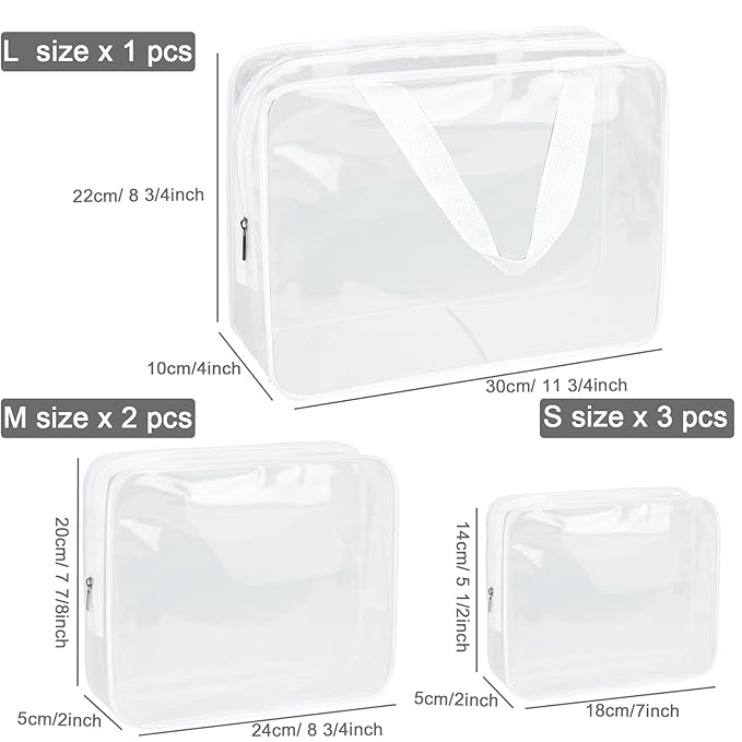 APREUTY Clear Makeup Bags, TSA Approved 6 Pcs Cosmetic Makeup Bags Set Clear PVC with Zipper Handle Portable Travel Luggage Pouch Airport Airline Vacation Organization (Bright White)