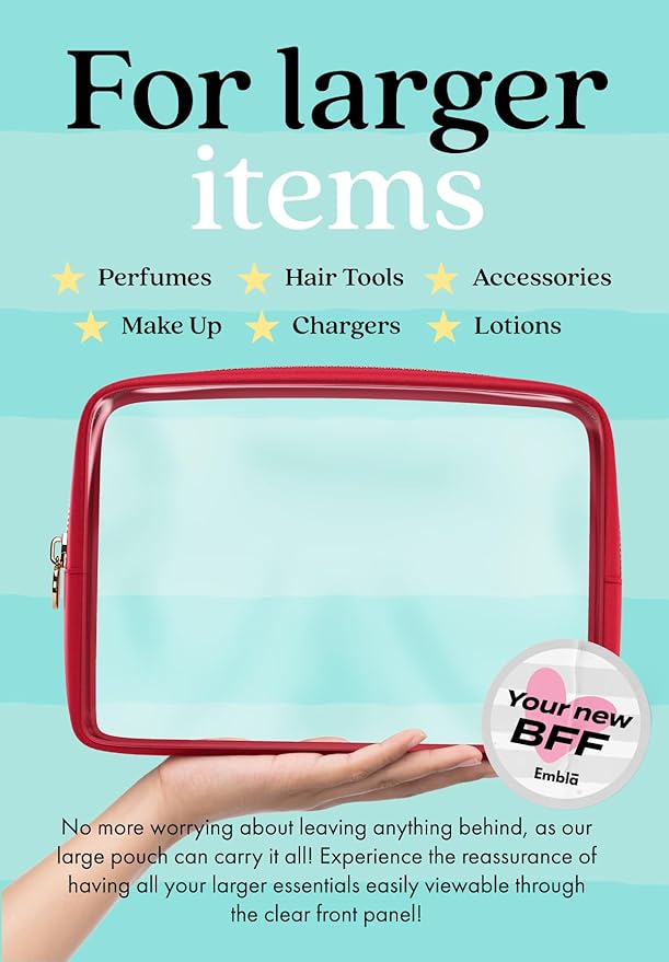 Clear Makeup Bag Zipper Pouch, Transparent Cosmetic Case Organizer, TSA Approved Travel Toiletry Case, Travel Accessories Essentials Makeup Tote for Women, Large Cute Make up Bag for Purse - Ruby