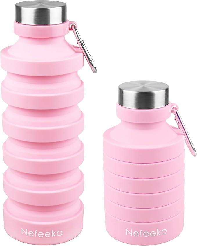 Nefeeko Collapsible Water Bottle, Reuseable BPA Free Silicone Foldable Water Bottles for Travel Gym Camping Hiking, Portable Leak Proof Sports Water Bottle with Carabiner