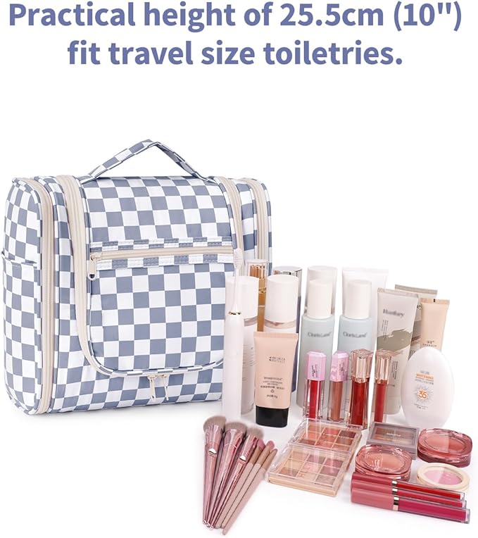 Narwey Checked Hanging Travel Toiletry Bag for Women, Travel Bag for Toiletries, Makeup Bag Organizer Cosmetic Bags Make Up Bags for Women (Grayish Blue Checkerboard)