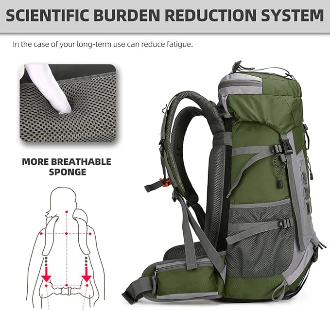 King'sGuard 60L Hiking Backpack Large Waterproof Camping Backpack for Men and Women Lightweight Frameless Backpacking Backpack with Rain Cover (Army Green)