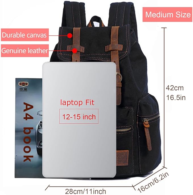 AUGUR High Capacity Canvas Vintage Backpack - for Hiking Travel 12-15" Laptop Backapcks for Men Casual Daypacks School bag Rucksack (M-Black)