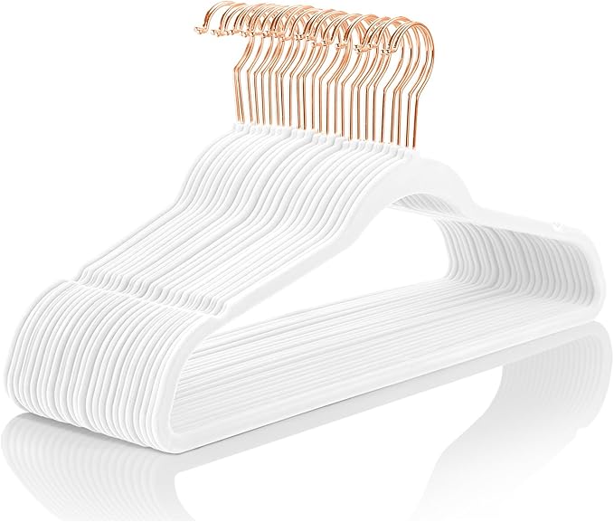 MIZGI Premium Velvet Hangers (30 Pack) Heavy Duty - Non Slip Velvet Suit Hanger White - Copper/Rose Gold Hooks,Space Saving Clothes Hanger (White)