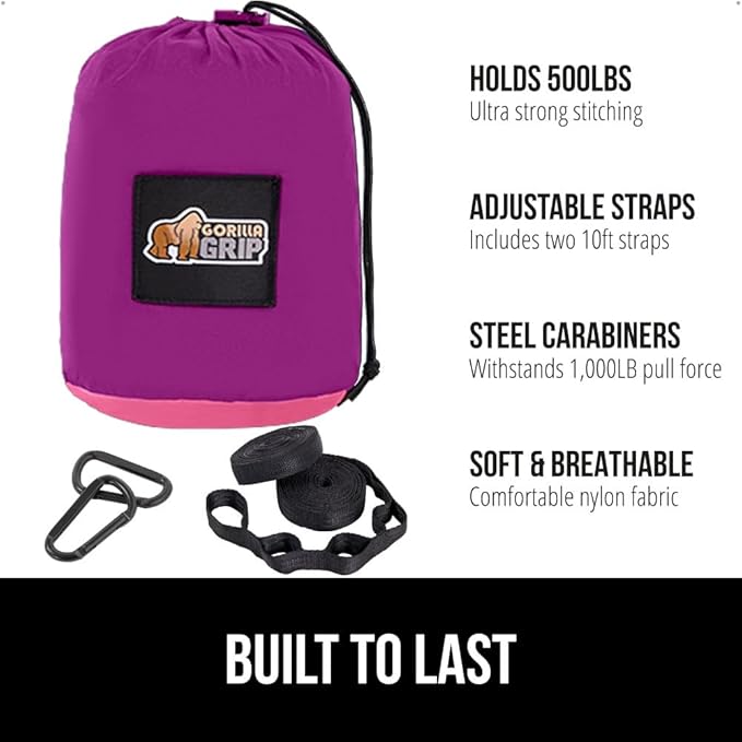 GORILLA GRIP Durable Portable Camping Hammock, Holds 500lbs with Heavy Duty Tree Straps, Comfortable Travel Swing, Camp Hammocks, Easy to Use and Install, Outdoor Essentials, Purple, 10x6.5 FT