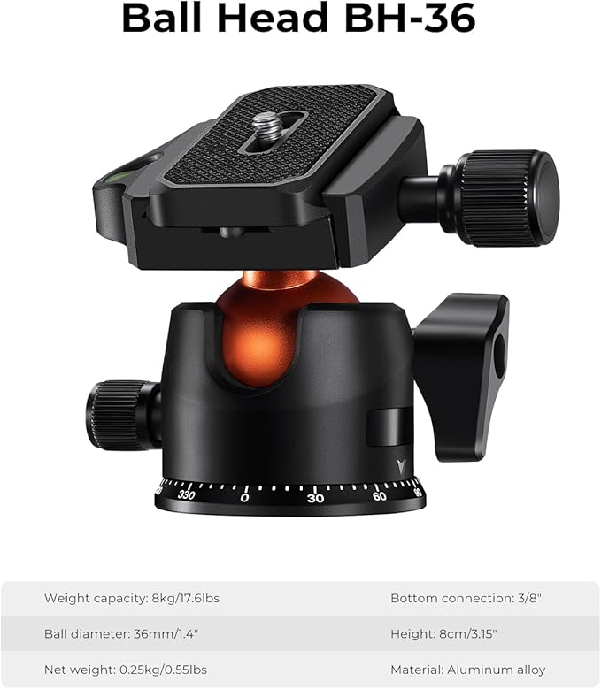 K&F Concept 64" Carbon Fiber Camera Tripod,Lightweight Travel Tripod with 36mm Metal Ball Head Load Capacity 17.6lbs, Quick Release Plate,for DSLR Cameras Indoor Outdoor Use K254C2+BH-36L