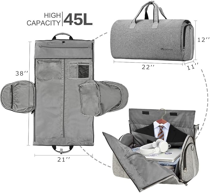 Modoker Convertible Garment Bag with Shoulder Strap, Carry on Garment Duffel Bag for Men Women - 2 in 1 Hanging Suitcase Suit Travel Bags (Grey)