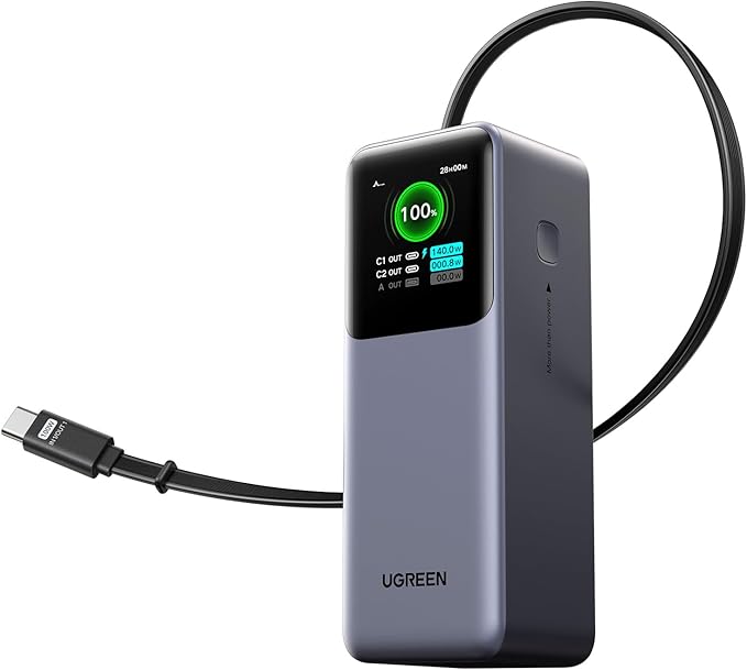 UGREEN Nexode Power Bank 20000mAh 165W with Built-in USB C Cable Laptop Travel Portable Charger, 100W Input, Fast Charging for MacBook Pro/Air/iPhone 16/iPad Pro/Galaxy S25 Ultra/Dell/HP and More